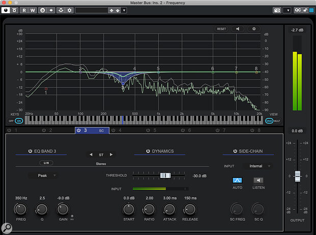 With Frequency 2 inserted on the master bus, you can apply gain reduction only to the low‑mid frequencies, and only when they contain the most energy — this can be an effective tactic if faced with a muddy‑sounding mix and static EQ can’t get things where you want.