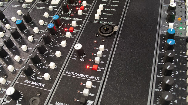 Each channel can select from several input sources, including the top‑panel mic/instrument input that’s located in the master section.