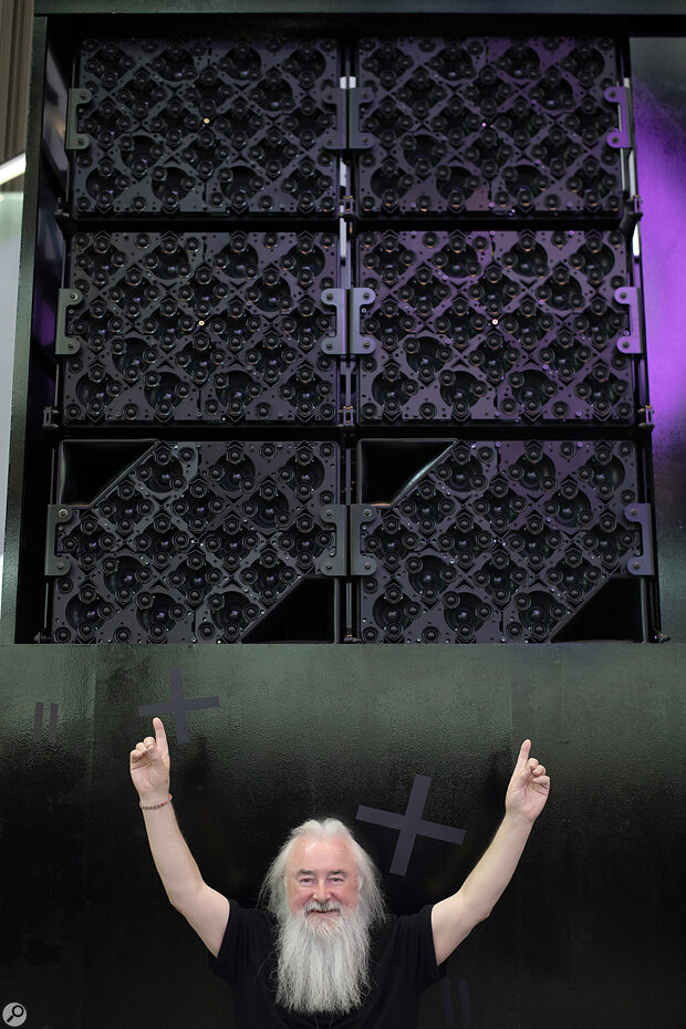 Joe O’Herlihy with a few of the HOLOPLOT Modul multi‑speaker arrays that generate the Sphere’s uniquely accurate immersive sound.